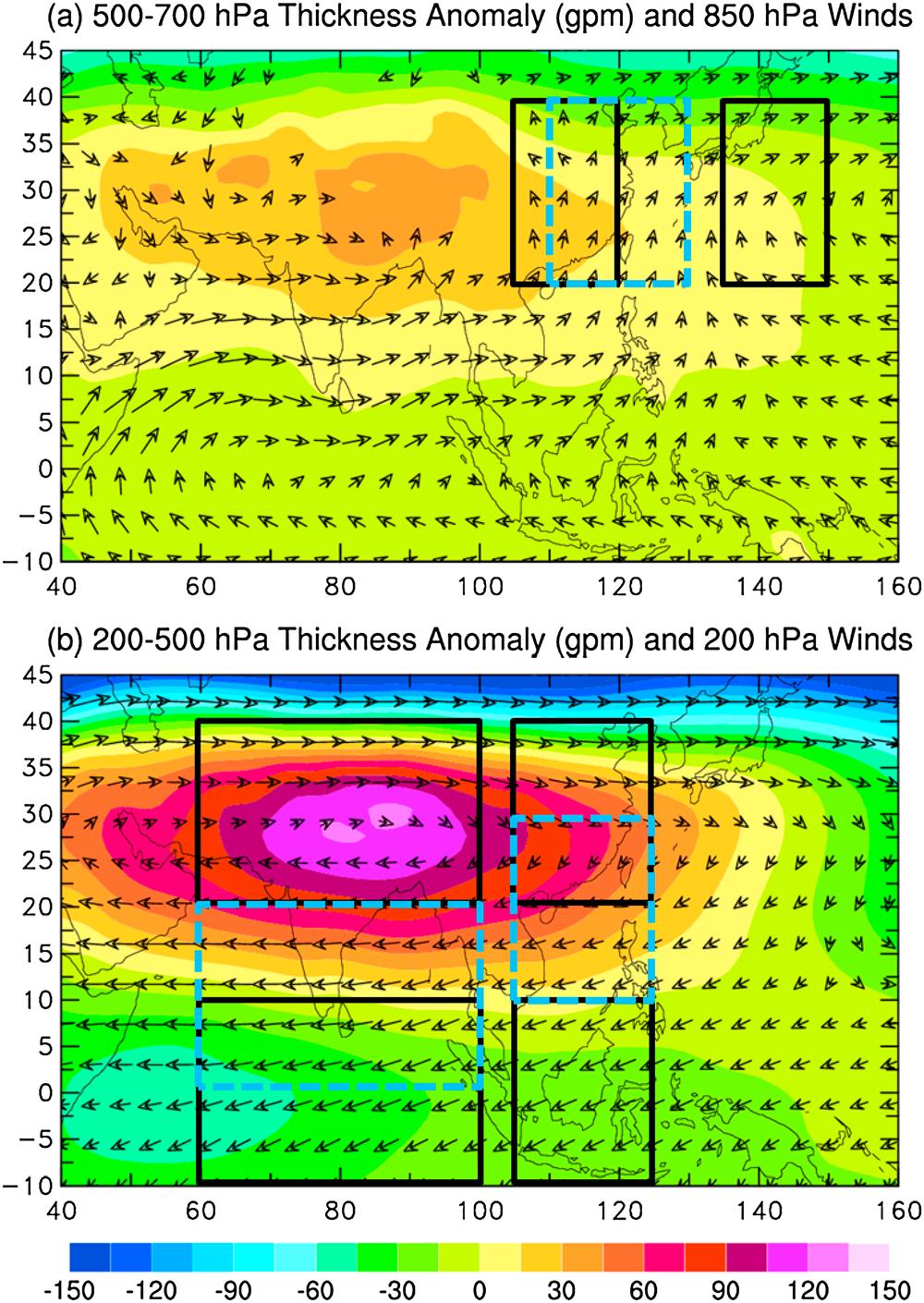 Figure 1. (a) Long-term (1971 2000) mean of JJA 500 700 hpa thickness anomalies (relative to the mean of the whole domain, colors, in gpm) and 850 hpa winds (arrows, the longest arrows are for 18.