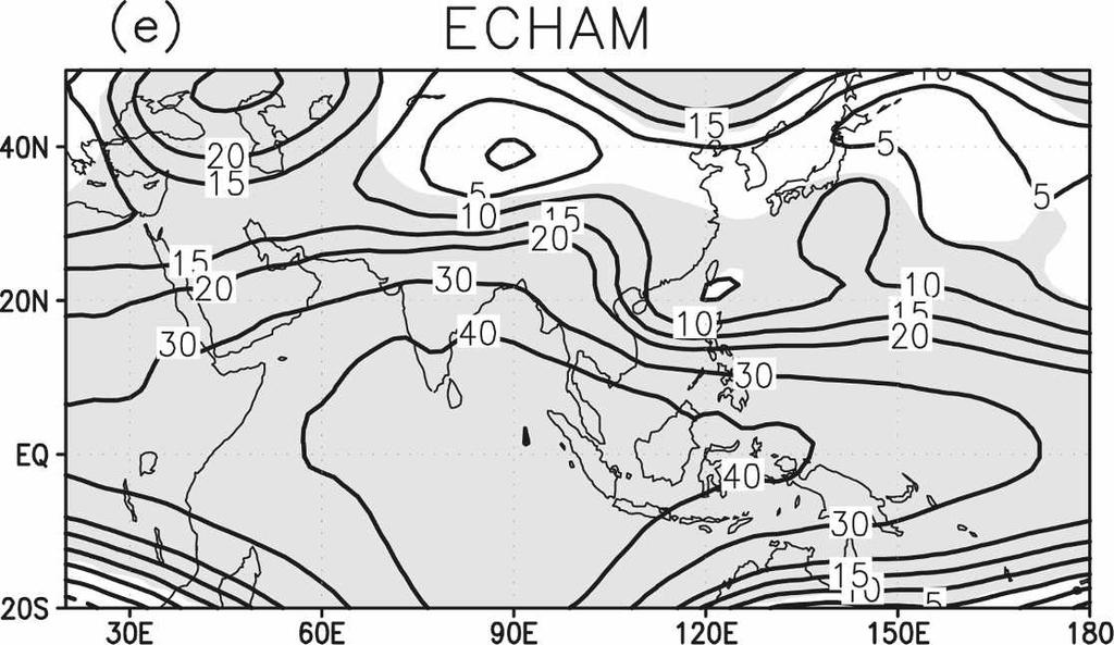 Away from the tropical Indian Ocean, a high near the Caspian Sea and central Asia and a low off the East Asian coast appear to be common features shared by all the five models.