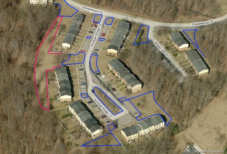 Figure 5: Kimball Ridge Court and Shady Hill Court Kimball Ridge Court and Shady Hill Court are shown in Figure 3. The primary grassy areas as shown outlined in blue.