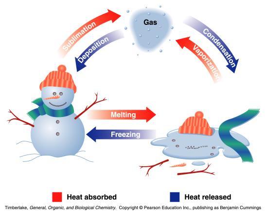 Changes in state melting (s l) freezing (l s) boiling (l g) condensation (g l),
