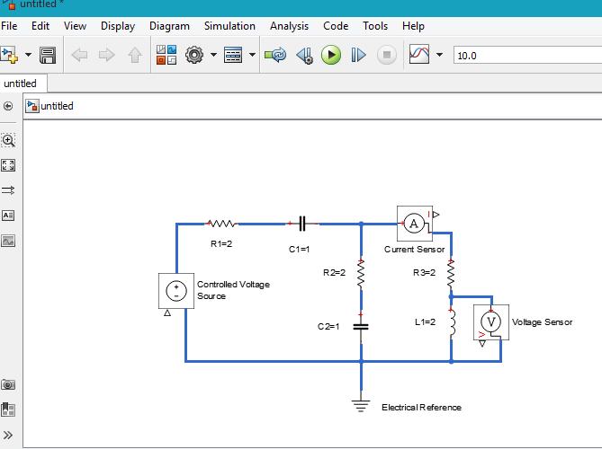 Figure 3.11: Electrical circuit using SimScape 9. Now you need to add the sources and scopes. They are found in the regular Simulink libraries.