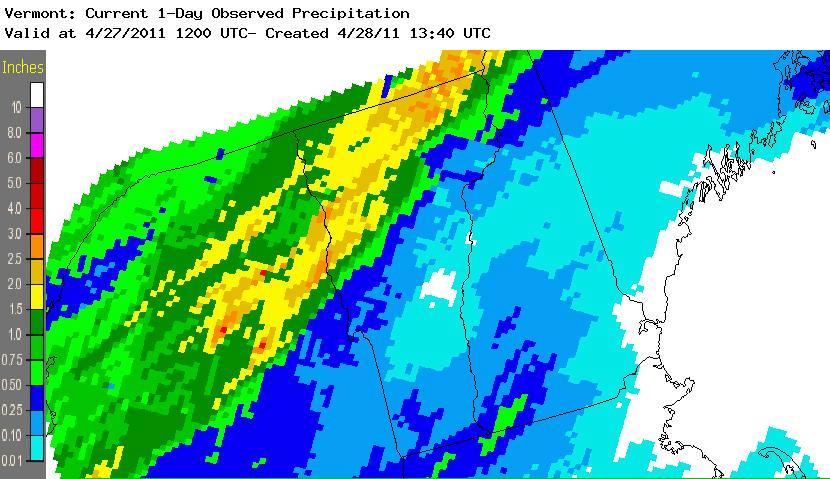 Figure 2: Rainfall ending at 1200GMT April 27, 2011 [Courtesy NOAA/NWS] Figure 2 shows that the heaviest rainfall on 26-27 April occurred diagonally across the northwest third of the state complex