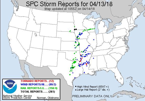 Severe Weather Event Situation Severe thunderstorms impacted portions of the Southern Plains and the Lower/Middle Mississippi Valley during the evening of 13 April with several possible tornadoes,