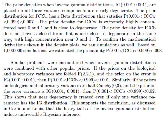 These two prolems remained under a wide variety of noninformative inverse gamma prior parameter settings examined.