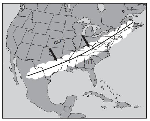 11. The map to the right shows highpressure and low pressure weather systems in the United States. Which two lettered positions on the map are most likely receiving precipitation?