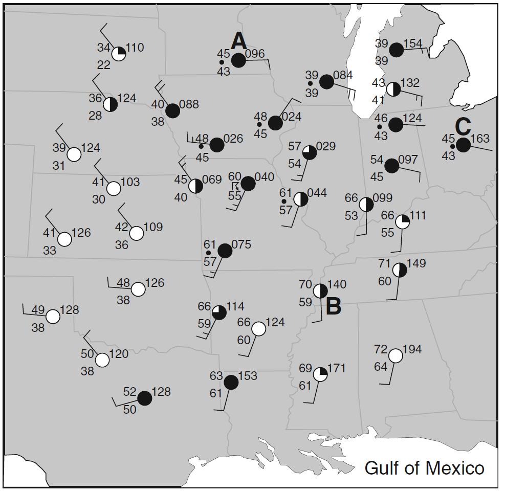 Base your answers to questions 16 through 19 on the map below, which shows weather station models and some weather variables for a portion of the United States.