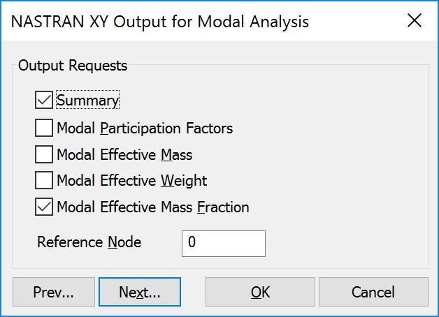 Press Next button once. For the modal analysis, it is very useful to ask Nastran to output the Modal Participation Factors (PF). Select Summary and Modal Effective Mass Fraction.