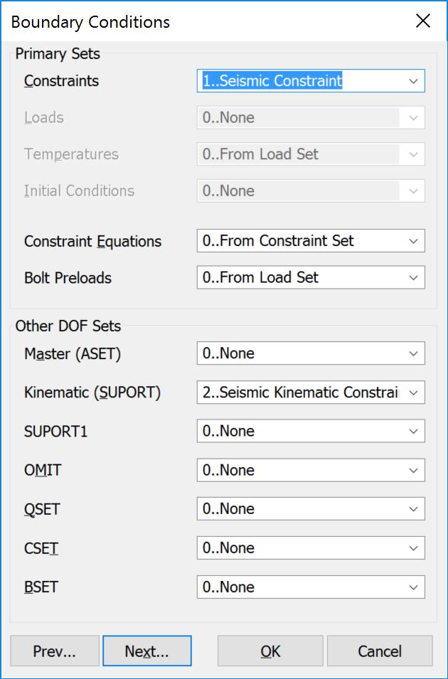 Press Next button twice. In the Boundary Conditions Primary Sets Constraints drop down box select Seismic Constraint.