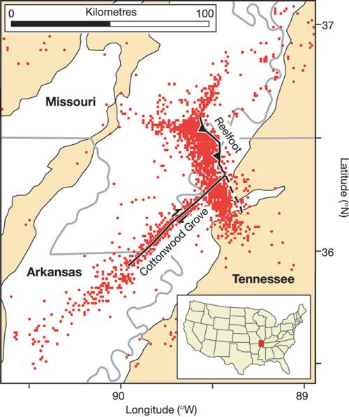 New Madrid Seismicity Epicenters recorded between 1974-96 96 describe a seismically active zone of