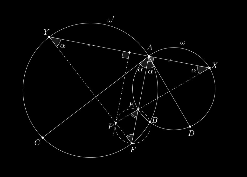 17 5. Let the circles ω and ω intersect in points A and B. Tangent to circle ω at A intersects ω in C and tangent to circle ω at A intersects ω in D.
