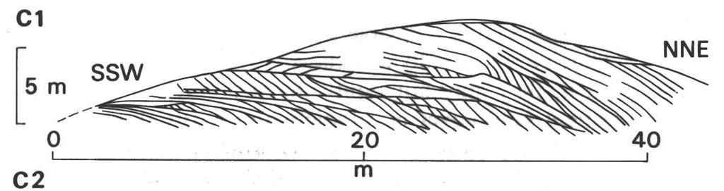 Longitudinal section through dune centre stoss lee Complex, mainly downwind