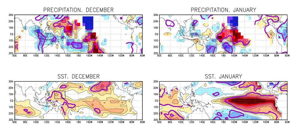 OBSERVED REGRESSIONS AGAINST NORTH PACIFIC SLP INDEX (NPI): 1950-99 (sign of NPI index reversed): GHCN PRECIPITATION AND REYNOLDS SST DECEMBER
