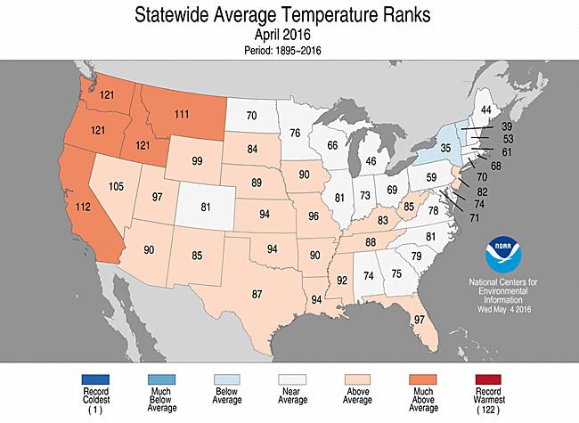 The contiguous United States average April temperature was 2.