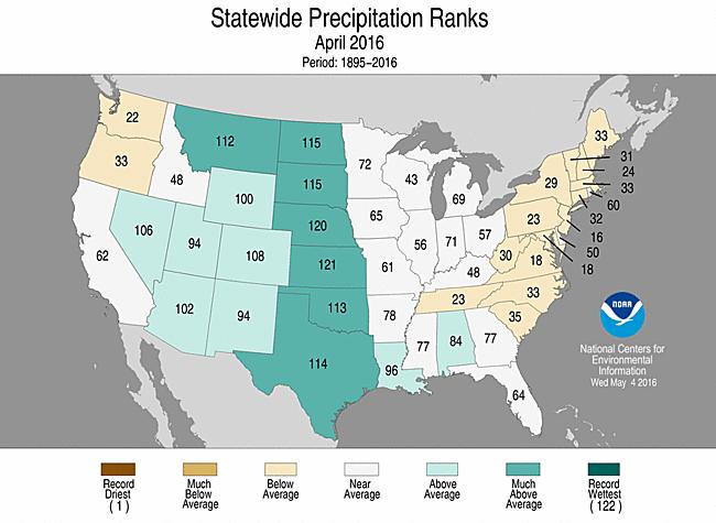 The contiguous United States April precipitation average was 2.95 inches, which is 0.