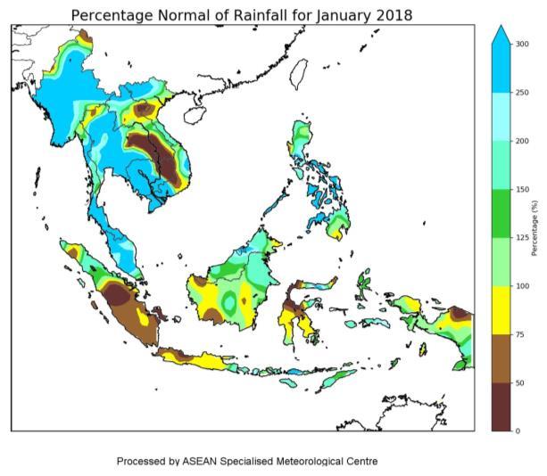 (Source: JAXA Global Satellite Mapping of Precipitation) Figure 2: Percent of Normal Rainfall for January 2018.