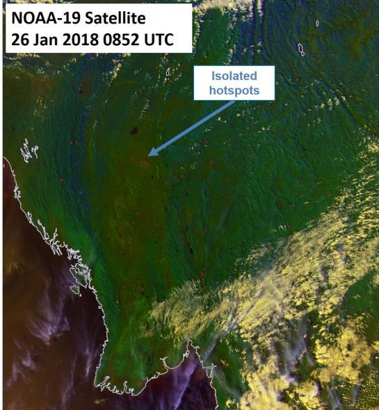 image on 26 January 2018 shows isolated hotspots over parts of Myanmar.