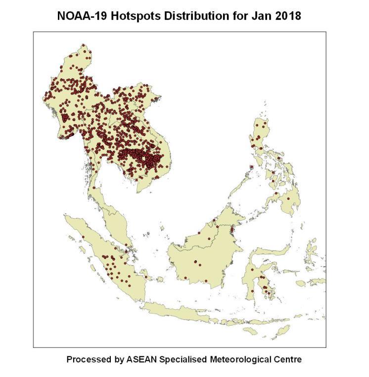 Figure 10: NOAA-19 hotspots distribution in January 2018.