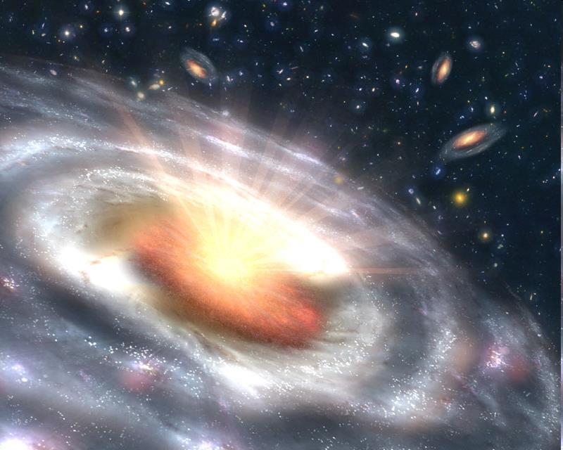 s gravity A growing black hole, called a quasar, can be seen at the center of a