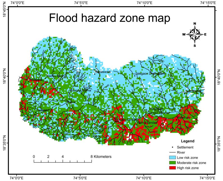 5. Conclusion Figure 9: Map showing flood hazard risk zone The study was carried out with the aim of creating an flood susceptibility map along the course of Bhima river basin region (Haveli,Shirur,