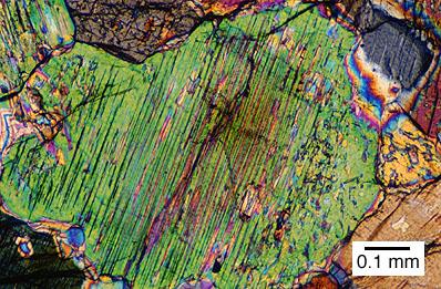 Augite (Clinopyroxene) "norite" card clinopyroxenite West Point, GA Note the pigeonite twin lamellae in this 