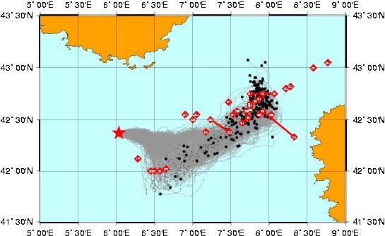 3-week Dispersion Cloud Cloud of of the the MOTHY model forced forced with with MERCATOR monthly mean currents currents + T/P &