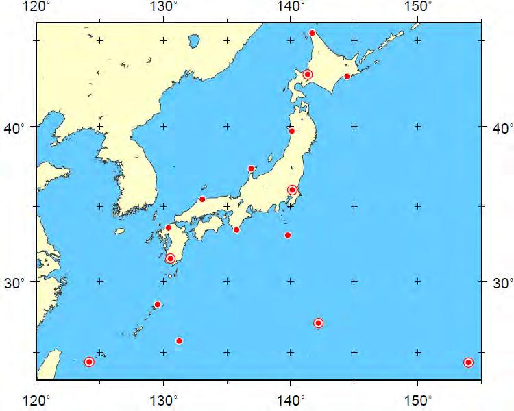 1.2.2 Station map Figure 4. RBSN, RBCN and GUAN stations for upper-air observation in Japan. Solid circles: RBSN/RBCN stations; double solid circles: GUAN stations (including RBSN/RBCN stations) 1.2.3 Timing and frequency of observations Observations are made and reported twice a day at 00 and 12 UTC at 16 stations in Japan and at Syowa Station in Antarctica.