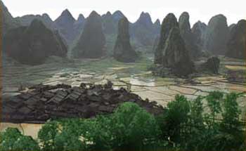 It shows that mountains often have very steep, nearly vertical sides with cone-shaped tops, and there are columns after columns of this kind of conical hills.