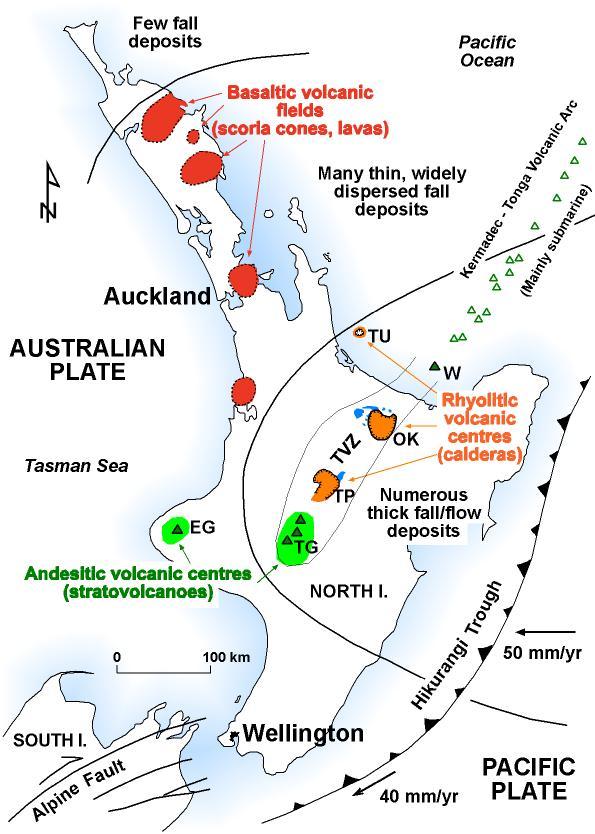 14 General map showing plate tectonic setting, the main volcanic centres that have erupted soilforming tephras, and the general dispersal of tephra on North Island (from Lowe and Palmer, 2005).