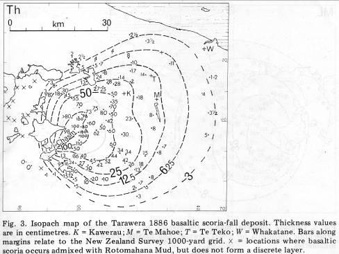 61 Isopach map of 1886 Tarawera scoria fallout (in cm) from Walker, G.P.L., Self, S., Wilson, L. 1984. Tarawera 1886, New Zealand a basaltic plinian fissure eruption.