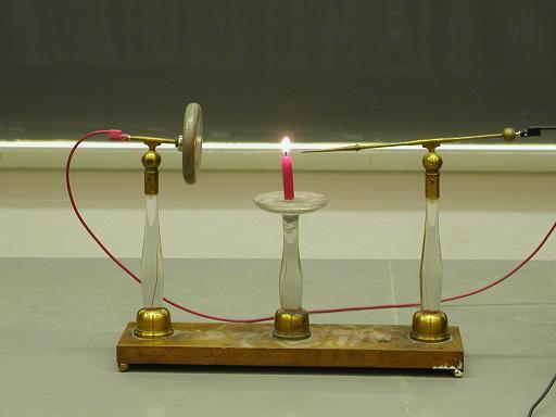Electric Wind Cotrell Precipitator Description: A pointed electrode and plane electrode are connected to a Wimshurst machine. A lit candle is placed between the electrodes.