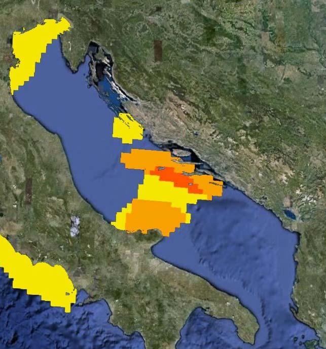 Fig. 1. Distribution of seabirds in the Adriatic Sea, subdivided into three levels (bright orange = highest, yellow = lowest) of conservation status (Carboneras & Requena 2010). c. through the collection of expert opinion (a.
