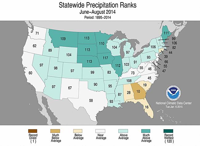 Summer Summer 2014 Statewide Temperature Rank Map Summer 2014 Statewide Precipitation Rank Map The contiguous U.S. summer temperature was 71.7 F, 0.