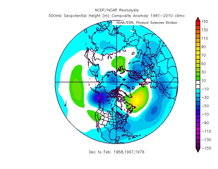 QBO continued The QBO years/winters that I think are the best fit to this year are 1957-58, 1966-67, and 1975-76. They produce the 500mb anomaly pattern to the left.