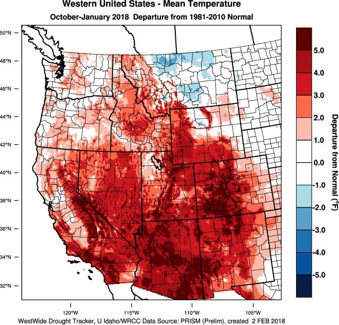 For the water year to date (starting October 1 st ) the warmer and drier conditions are evident over most of the western US (Figure 2).