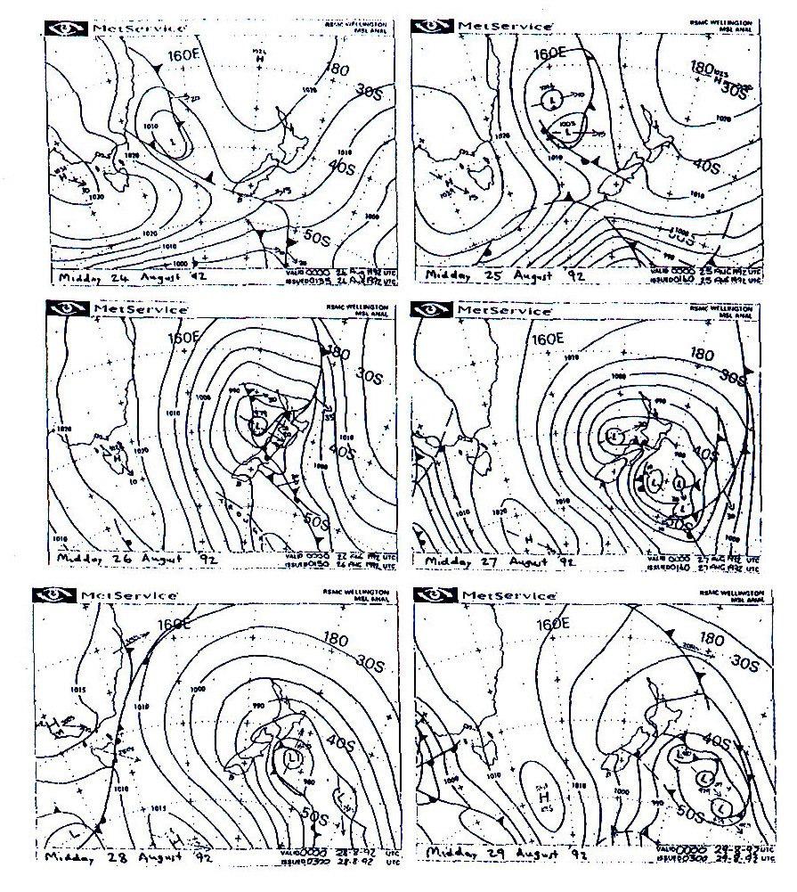 Figure 5: Surface pressure maps from the 24 to 29 August, 1992. (NZ Meteorological Service Ltd (Tait et al.