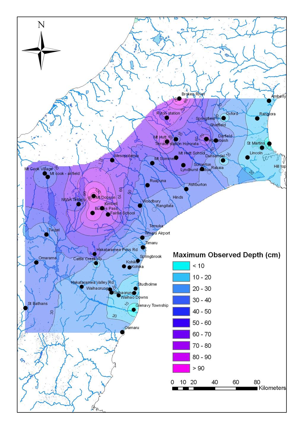Figure 9: Maximum observed snow depths (cm) from the June 12, 2006 snow storm across the Canterbury region.