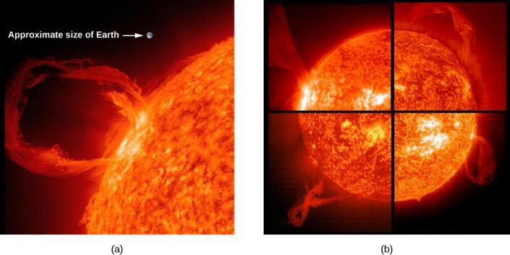 FIGURE 15.19 Prominences. (a) This image of an eruptive prominence was taken in the light of singly ionized helium in the extreme ultraviolet part of the spectrum.
