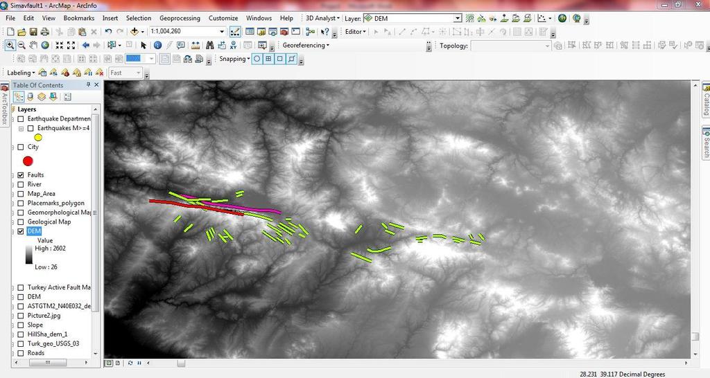 Figure 3.12. Using the Editor Toolbar, I created line features representing the different interpretations of the Simav Fault. Each color corresponds to a different interpretation of the fault.