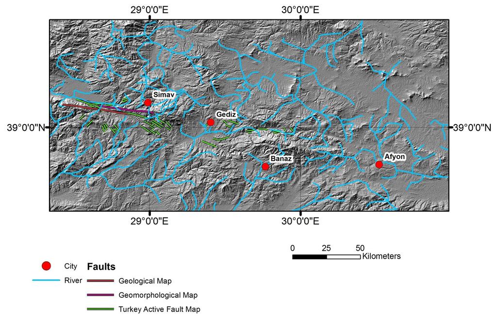 Figure 4.3. Map showing the Hillshade raster of the region with the interpreted faults overlayed on top. The digitized rivers and cities are also shown here.