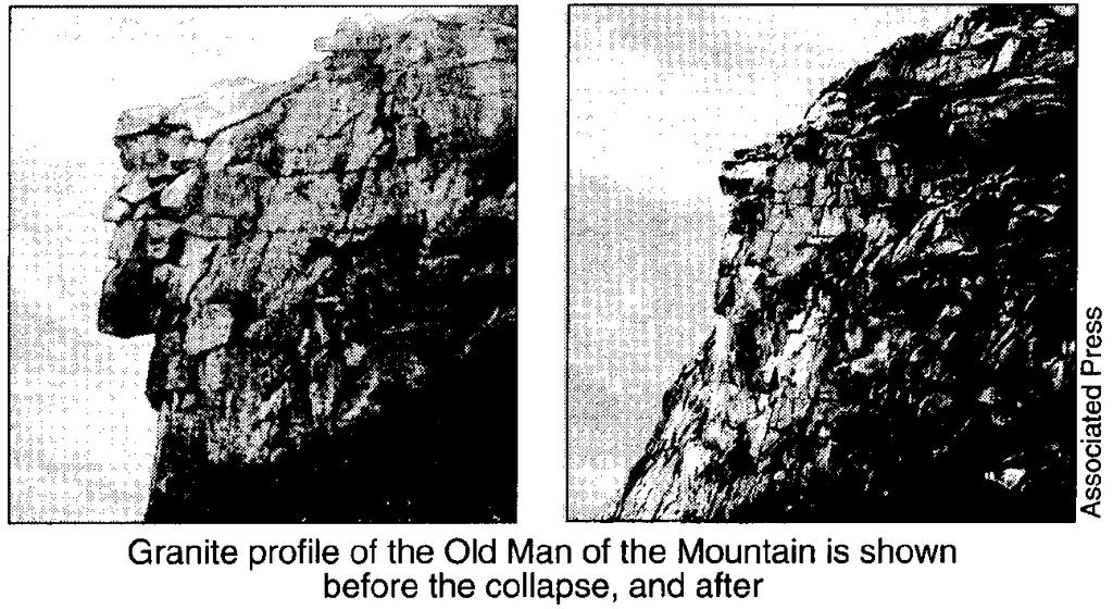 UNIT 3 EXAM ROCKS AND MINERALS NAME: BLOCK: DATE: 1. Base your answer to the following question on on the photographs and news article below. Old Man s Loss Felt in New Ha