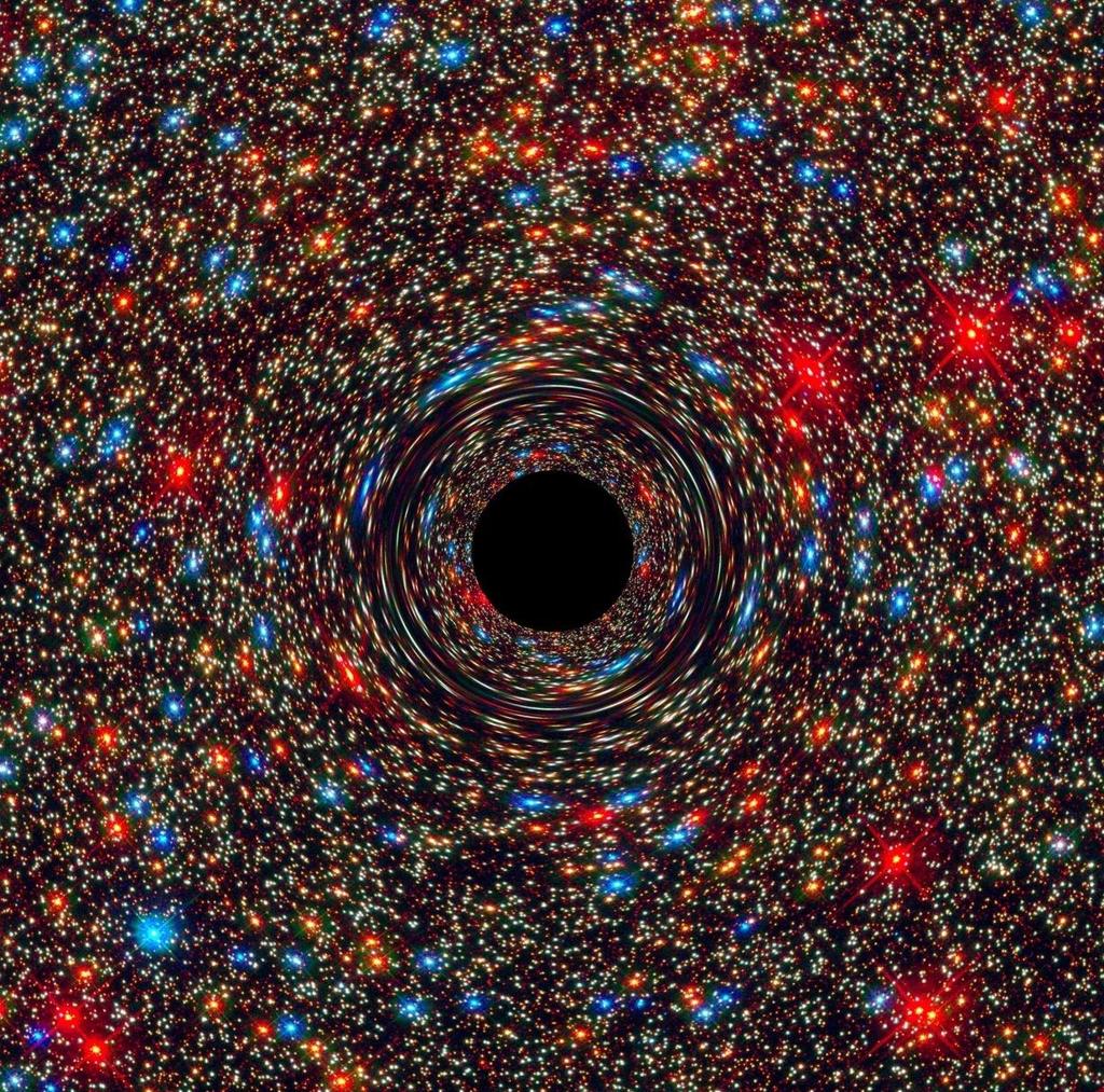 A simulation of the distortion of the images of stars in the background by a supermassive black hole