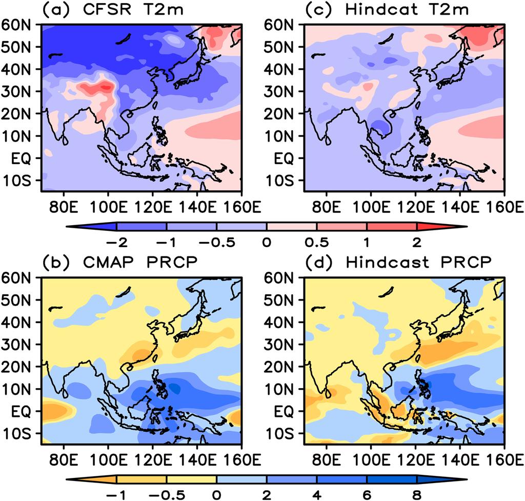 Figure 5. DJF composite differences in (a) CFSR 2 m air temperature ( C) and (b) CMAP precipitation (mm day 1 ) between high and low EAWM index years.