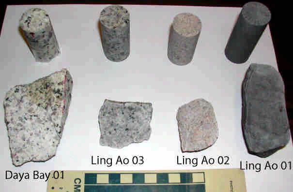 Figure 2. Hand specimens and 1-inch core plugs from the Daya Bay and Ling Ao quarries Sample Daya Bay 01 Ling Ao 01 Ling Ao 02 Ling Ao 03 Table 1.