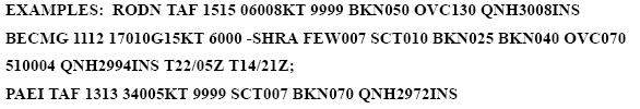 Part II. Decoding Terminal Aerodrome Forecasts (TAFs) Example Forecast: Decoded Data: 1. Station ID: RODN, PAEI (2 separate ID s) 2.
