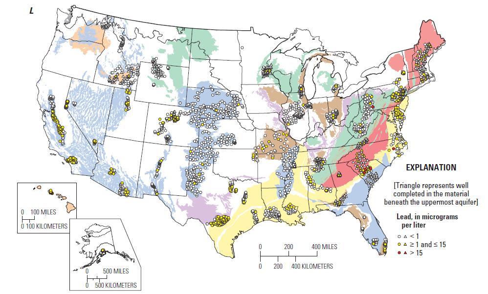 (Ayotte, sir2011-5059) Geographic distribution of Lead concentrations in groundwater