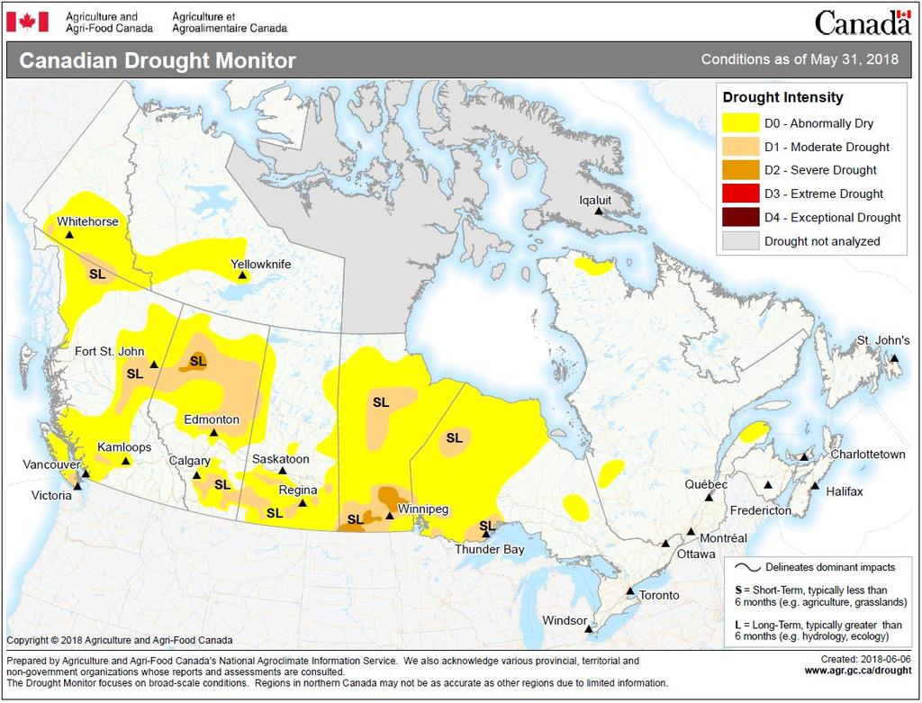 Figure 5: Canadian Drought Monitor May 31, 2018 (Map courtesy of Agriculture and Agri-Food Canada) Long Range Forecasts Most long range forecast are currently expecting below to near normal