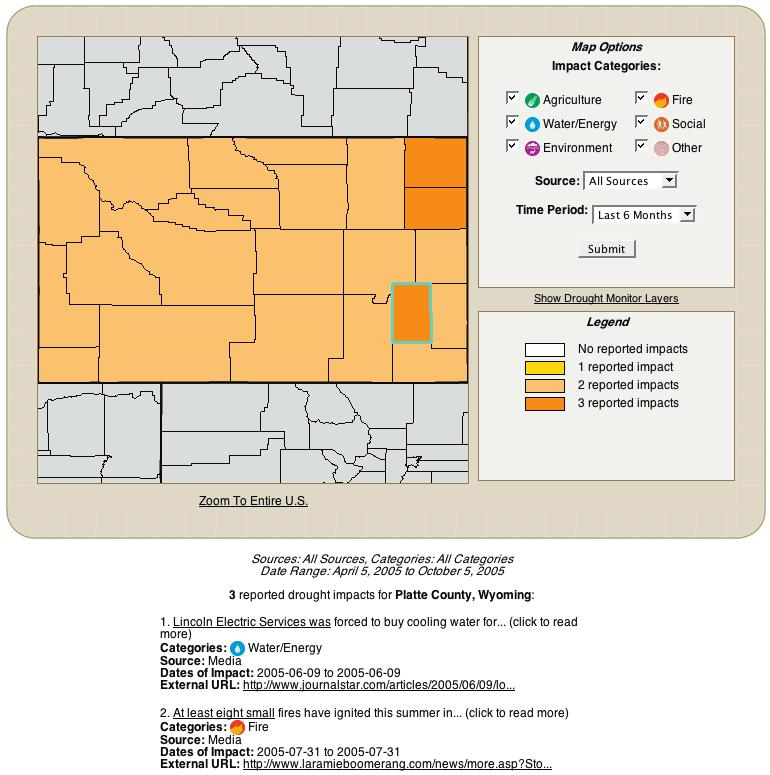 and working back. Figure 1b. Example from the Drought Impact Reporter website of the drought impacts reported in Wyoming for the past six months.
