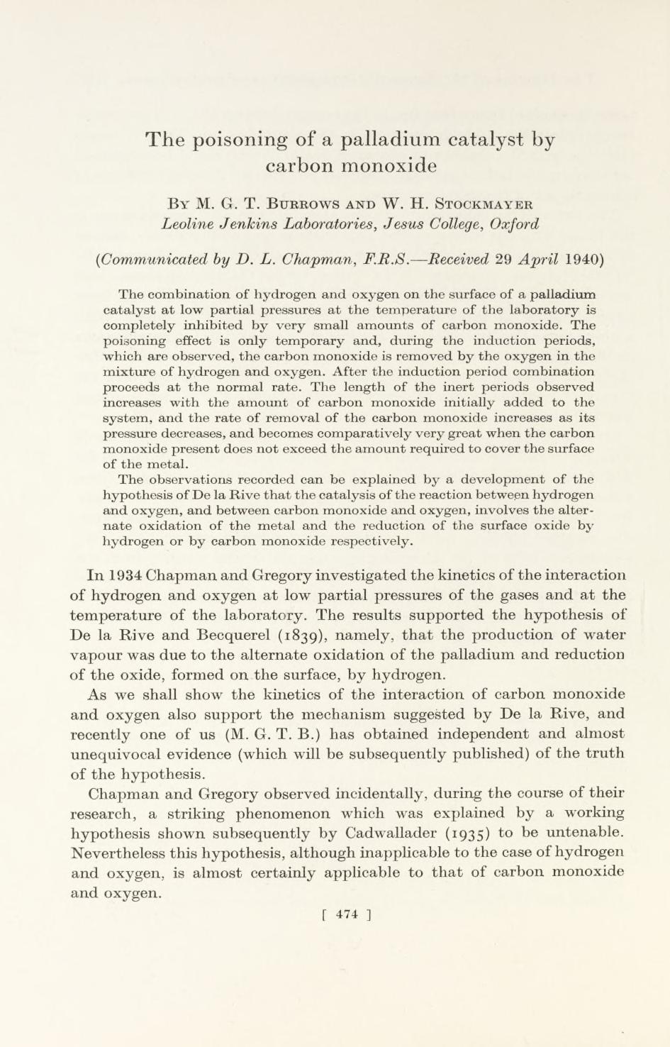 T he poisoning of a palladium catalyst by carbon m onoxide By M. G. T. Burrows and W. H. Stookmayer Leoline Jenkins Laboratories, Jesus College, Oxford (i Communicated by D. L. Chapman, F.R.8.