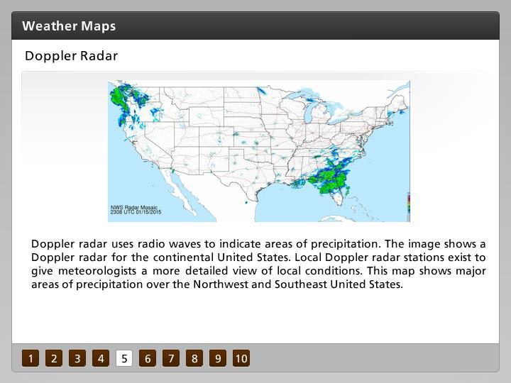 Doppler Radar Doppler radar uses radio waves to indicate areas of precipitation. The image shows a Doppler radar for the continental United States.