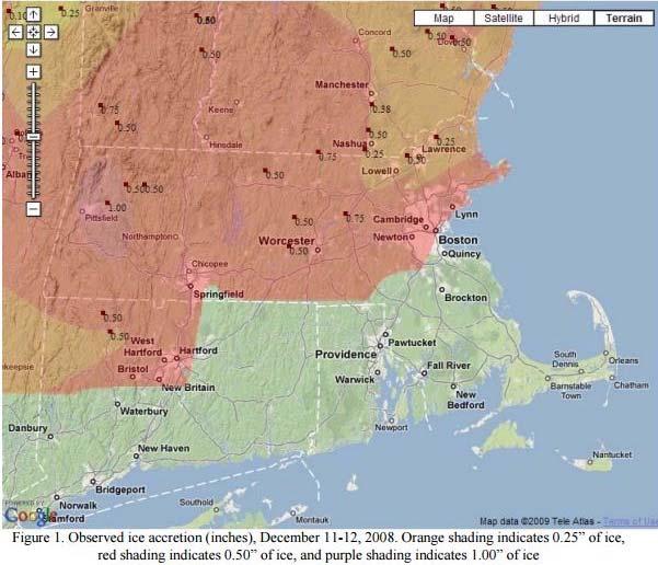 December 11 12, 2008 Ice Storm Hardest hit: Interior New England Ice: 1/2 1 Iso. 1.5 500,000 without power Massive debris removal December 11 12, 2008 Ice Storm Dry and cool northeast winds at surface kept cold in place for major freezing rain event.